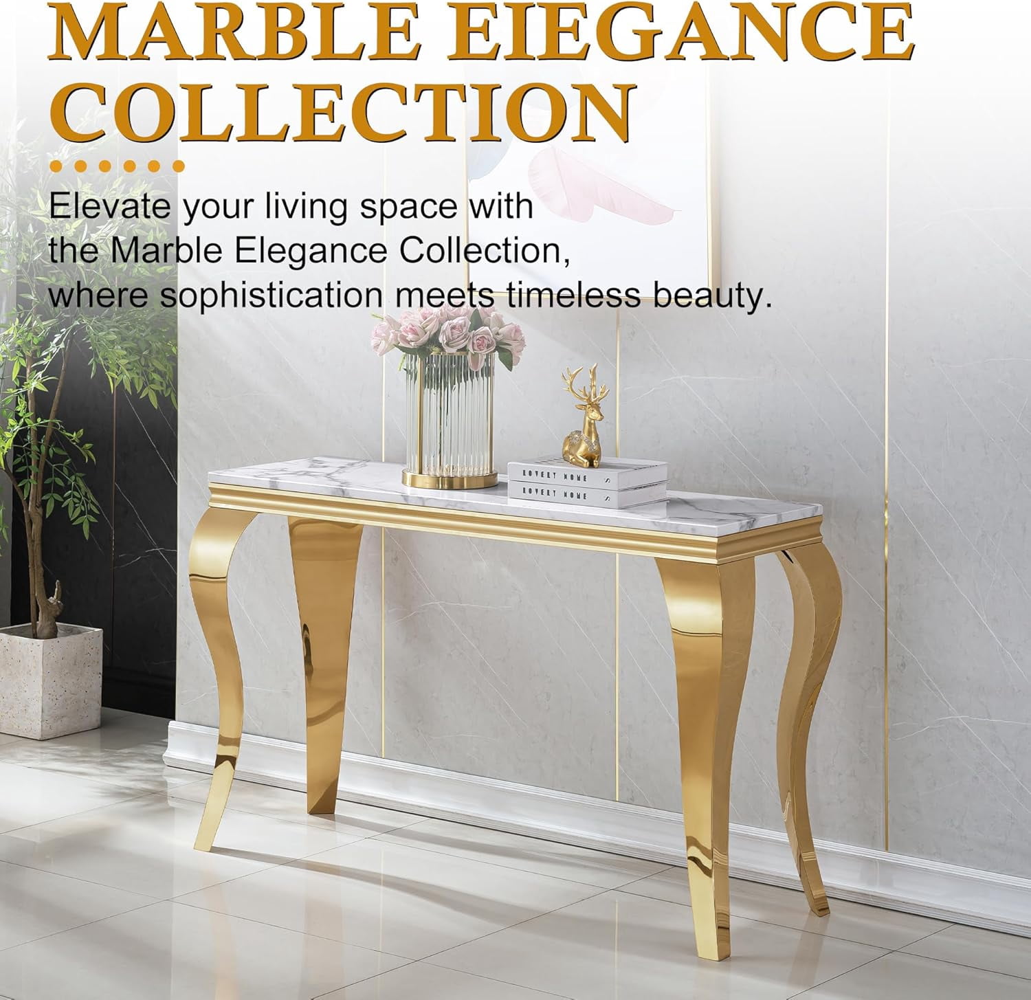 47" Modern Faux Marble Console Table, Rectangular Top & S-Shaped Stainless Steel Base, Narrow Entryway Table for Entrance, Hallway, Foyer, or Living Room