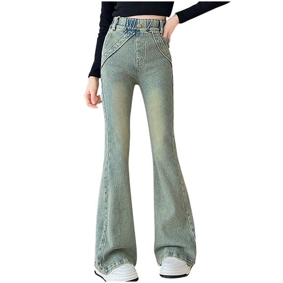 Jeans for Teen Girls New Girls Casual Denim Pants High Waist Flare Leg Jeans with Pocket Ornamental Button Elastic Waist Pull on Pants