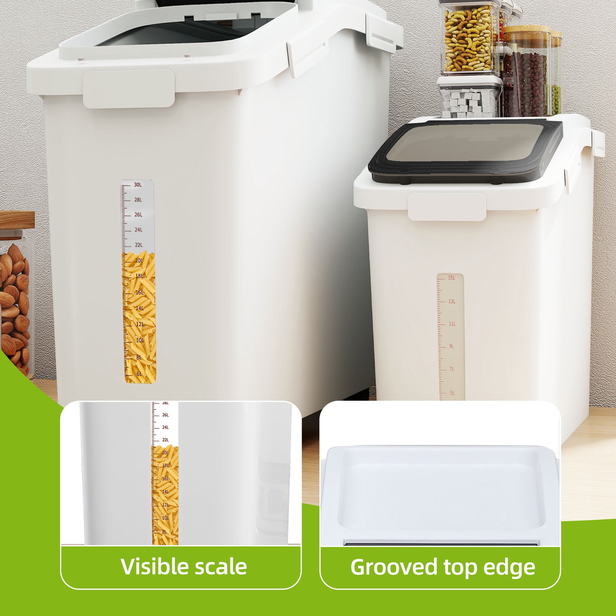 Uforic Ingredient Storage Bin with Measuring Cup & Scoop, Rice Storage Container Set of 2, 11.4 & 5.8 Gal Organizer Storage Bin, Large Flour Storage Container with Wheels, for Kitchen, White & Black