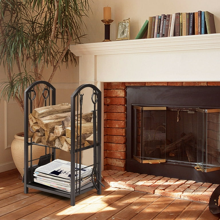 Gymax Fireplace Log Rack with 4 Tools Set Fireside Firewood Holders Indoor Outdoor Gymax Fireplace Log Rack with 4 Tools Set Fireside Firewood Holders Indoor Outdoor