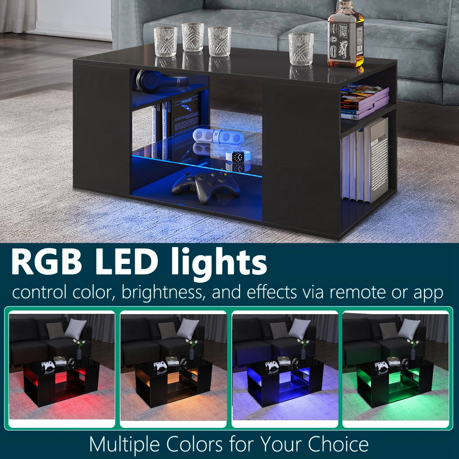 Hommpa Black Coffee Table with LED Lights Living Room Table Glass Open Shelves High Gloss Rectangle Center Table Sofa Side Cocktail Tables