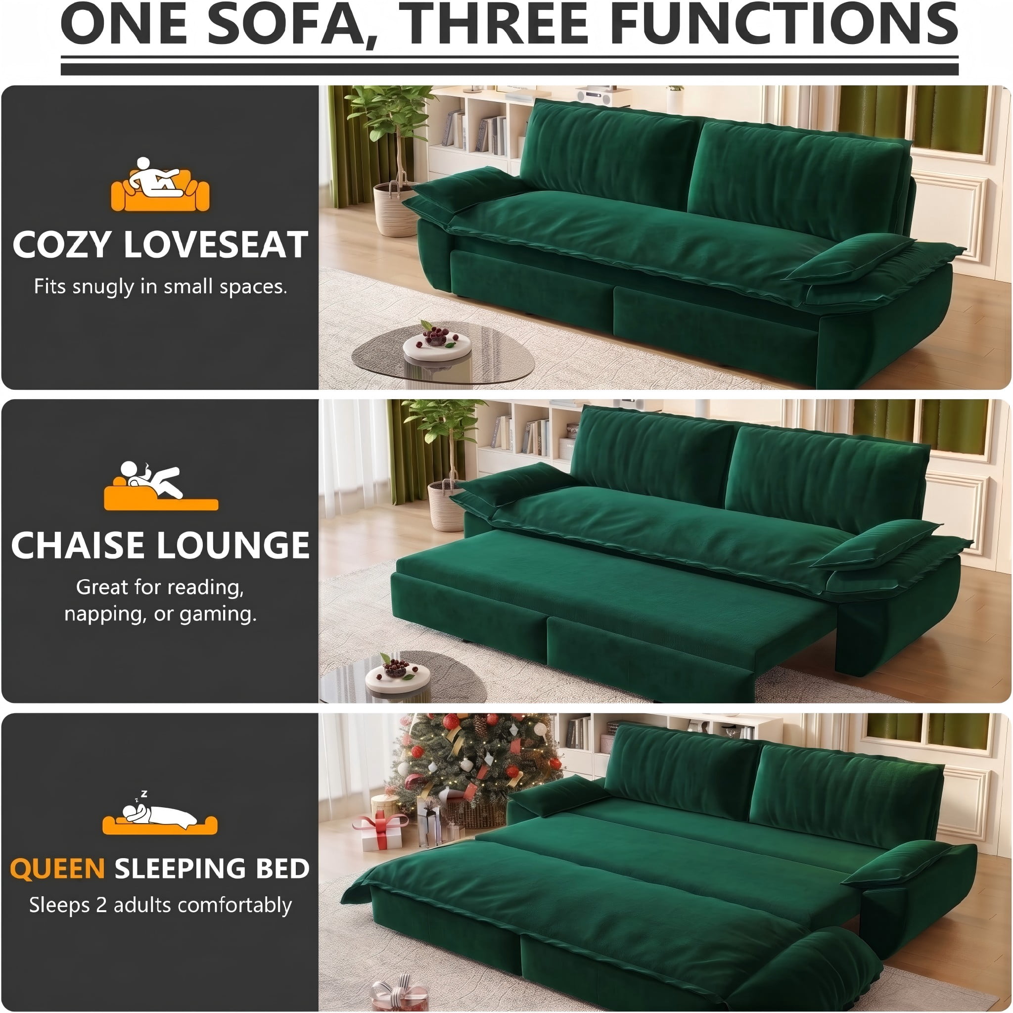 Multi-Functional Velvet 3-in-1 Convertible Sofa Bed, Queen Size Sleeper Loveseat with 2 Pillows, Green