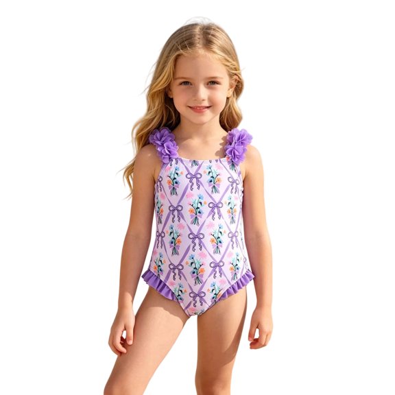 Girls One Piece Swimsuit, Chiffon Flower Strap Floral Bow Print Bathing Suit, Ruffle Hem Monokini for Kids Summer Beach Pool(Purple,3-4 Years)