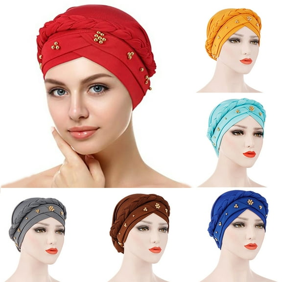 Cheers.US African Women Turban Cap Beaded Headscarf Beanie Twisted Braid Wrap Hat Faux Pearl Headwrap