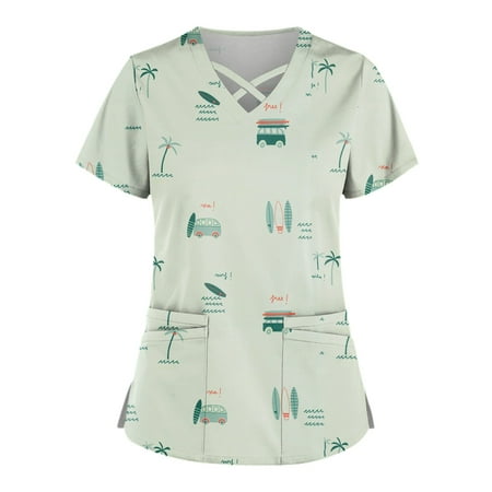 

ZXHACSJ Plus Size Cute Printed Scrub Working Uniform Tops For Women Cross V-Neck Short Sleeve Fun T-Shirts Workwear Tee With Pockets Mint Green XXXXL