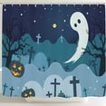 thumbnail image 1 of Whimsical Halloween Shower Curtain - Graveyard Scene with Ghosts & Lanterns Perfect for Festive Decor, 1 of 4