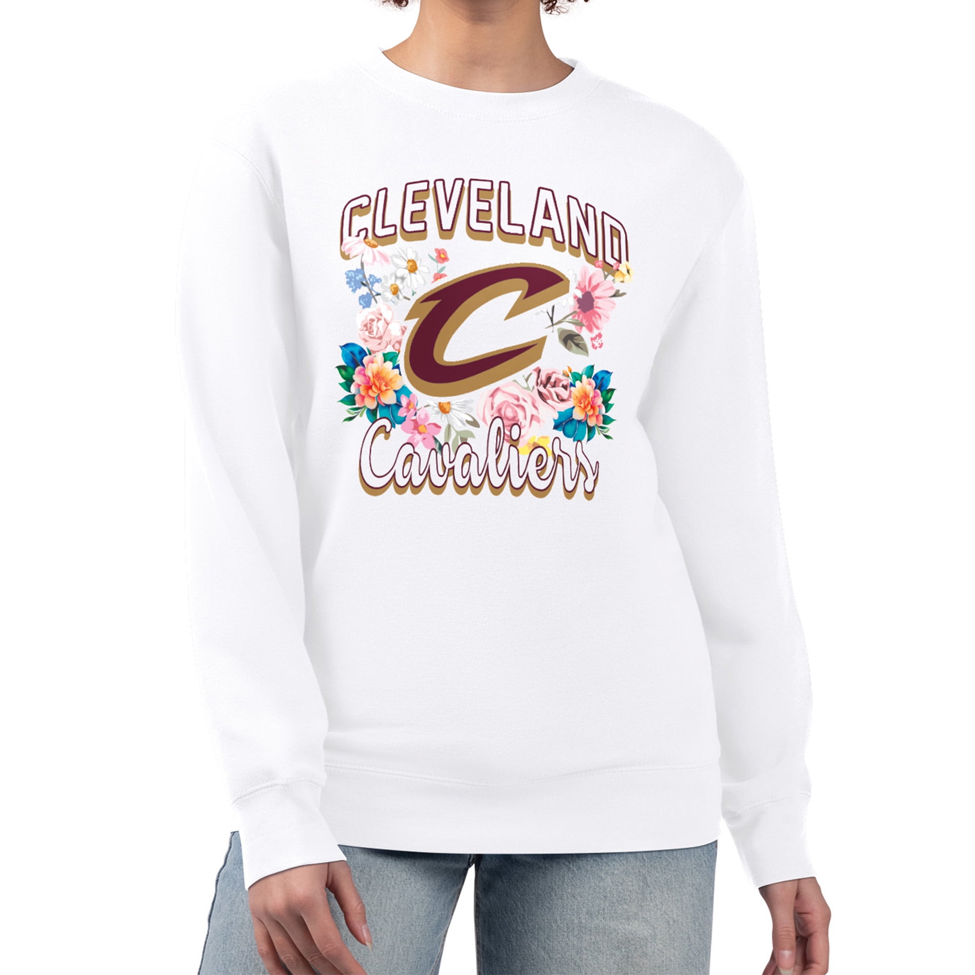 Women's G-III 4Her by Carl Banks White Cleveland Cavaliers Flowers Team Logo Graphic Fleece Crewneck Pullover Sweatshirt