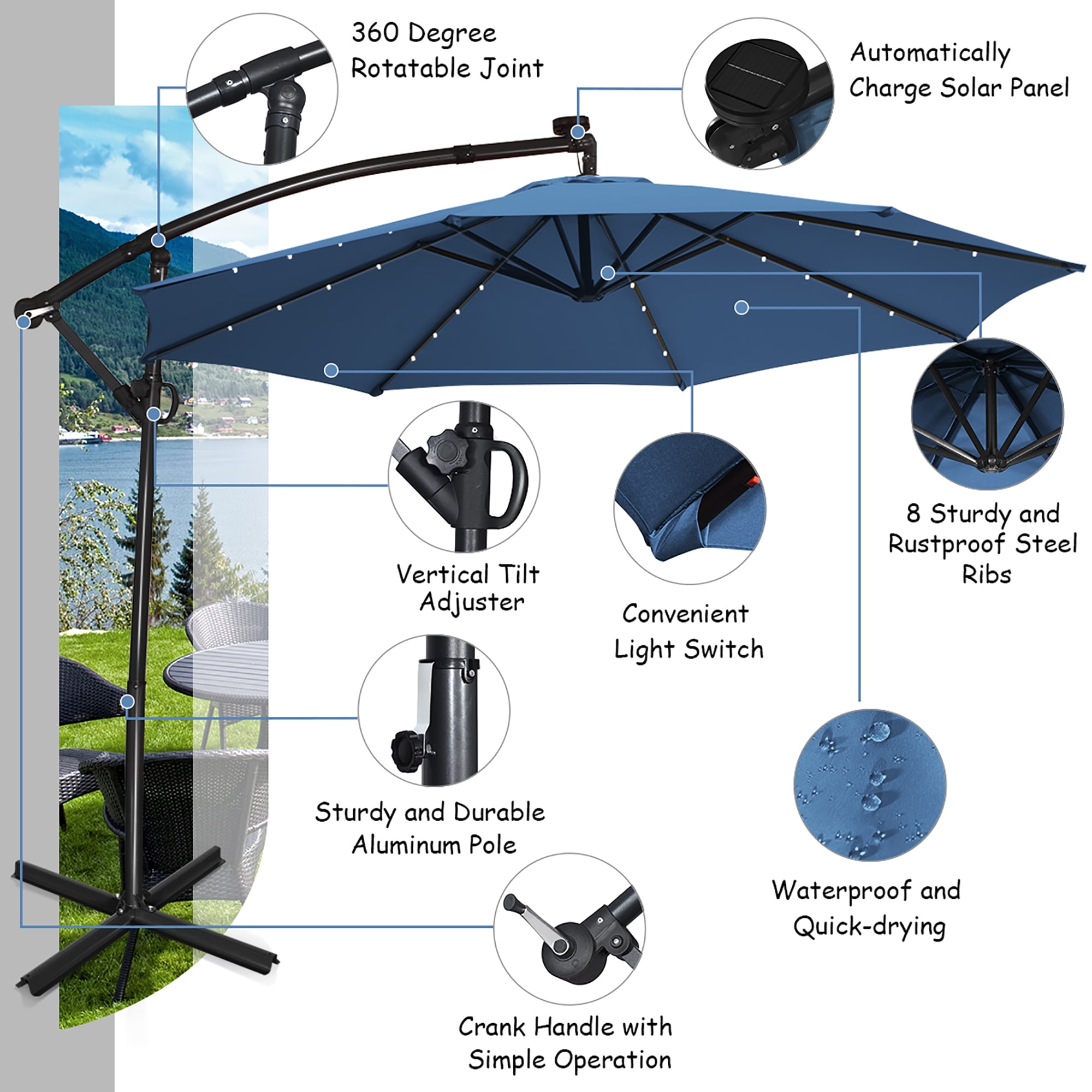costway 10ft patio offset cantilever umbrella 360 degree tilt aluminum Costway 10FT Patio Offset Umbrella with Solar LED, 360° Rotation, Aluminum  - Blue