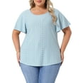 thumbnail image 2 of DARING DIVA Women's Plus Round Neck Hollow Flare Sleeve Casual Blouse 3X Light Blue, 2 of 6