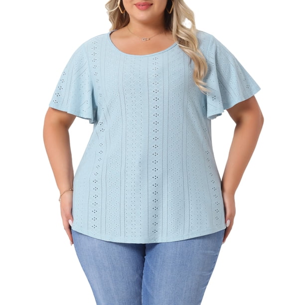 Camiseta de mujer de talla grande Agnes Orinda, con cuello redondo, ajuste holgado, mangas con volantes, blusas casuales de verano, 1X azul claro