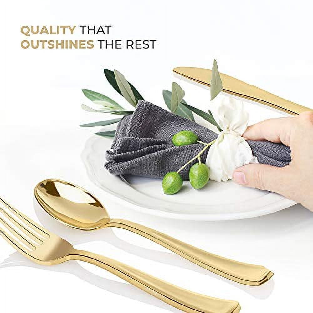 Gold Plastic Silverware Set (300-Pack) – Disposable Heavy Duty Cutlery, 100 Forks, 100 Knives, 100 Spoons for Parties, Weddings, Dinners & Holidays