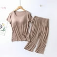 thumbnail image 4 of Lxkfashion Under $10 Khaki Womens 2 Piece Outfits 2025 Summer Casual Loose Short Sleeve Pullover Tops & Wide Leg Pants Lounge Sets Tracksuit XXL, 4 of 4