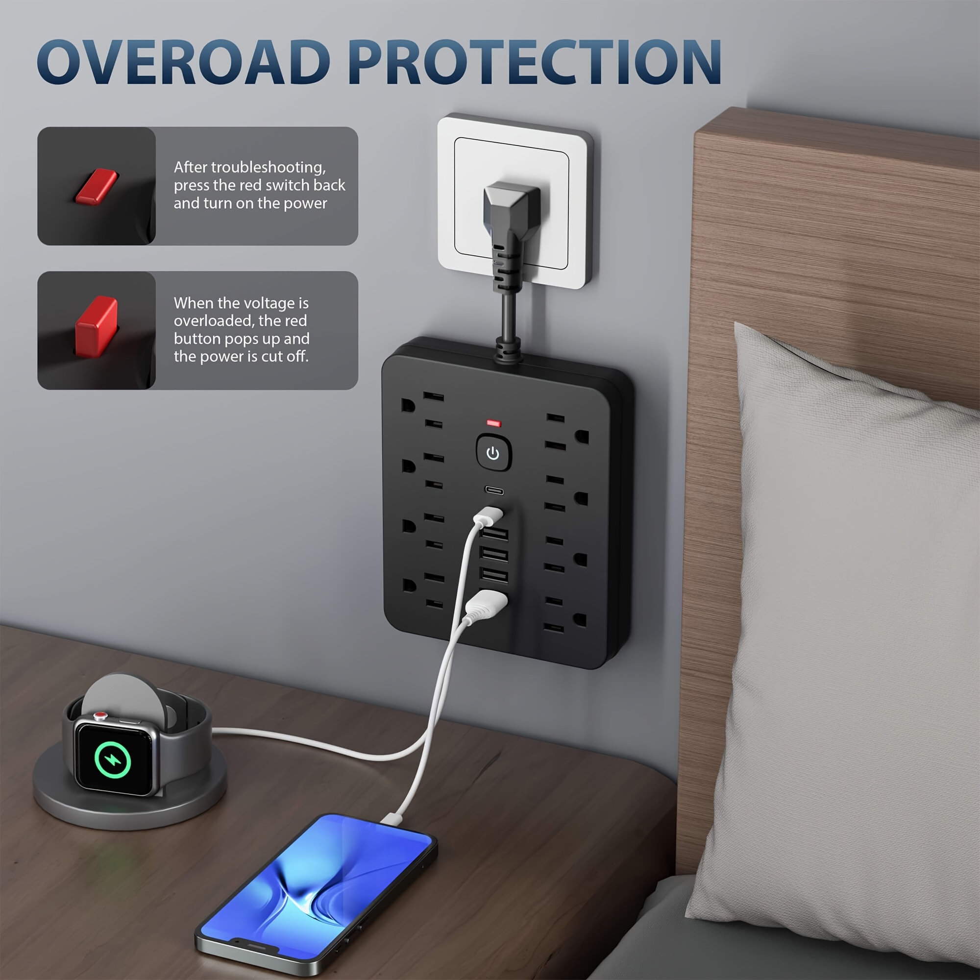 Multi functional socket with 8AC socket, 4USB, and 2 Type-C ports for power board surge protector
