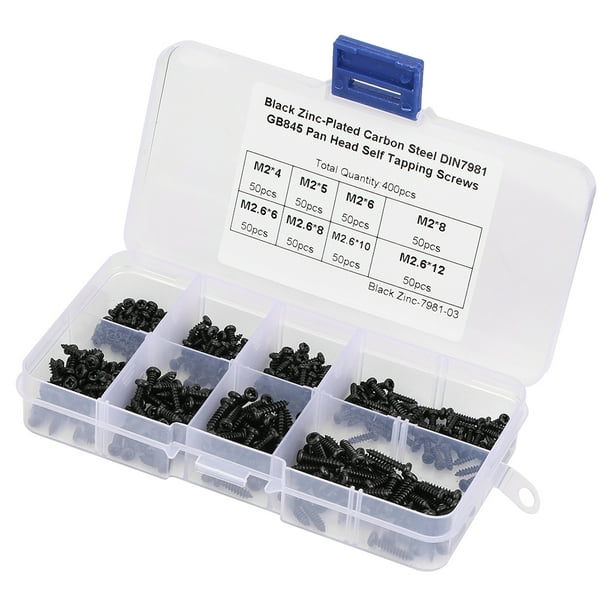 Juego surtido de 400 tornillos autorroscantes de cabeza plana en cruz M2/M2.6 de color negro
