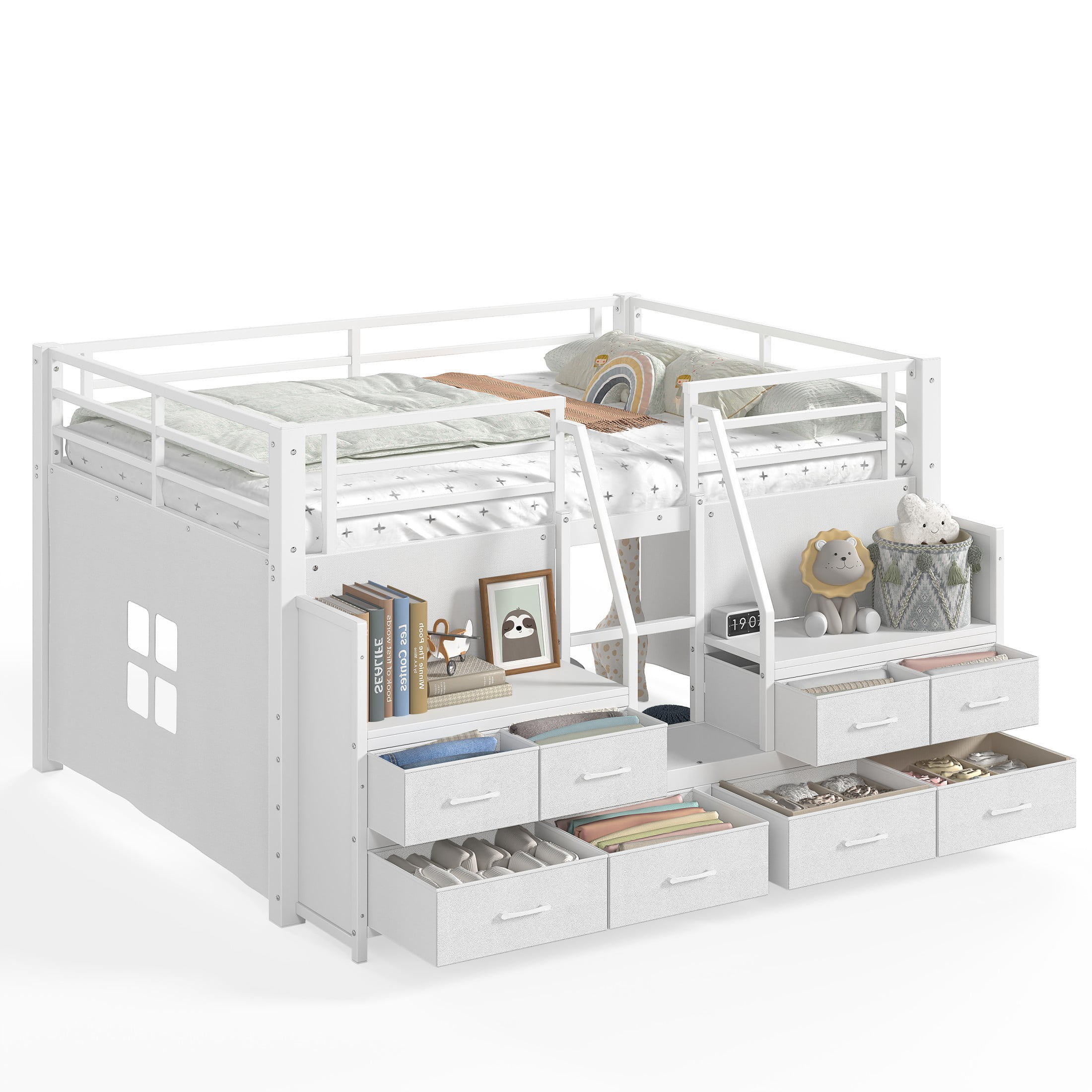 Aukfa Full Size Loft Bed with 8 Storage Drawers, Shelves & LED Lights, Metal Low Loft Bed for Kids Bedroom, White