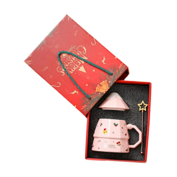TISHITA Ceramic Christmas Mug Christmas Coffee Mug,with Lid and Handle,Tableware,Holiday Funny Coffee Cup Christmas Tree Mug Xmas Mug Pink
