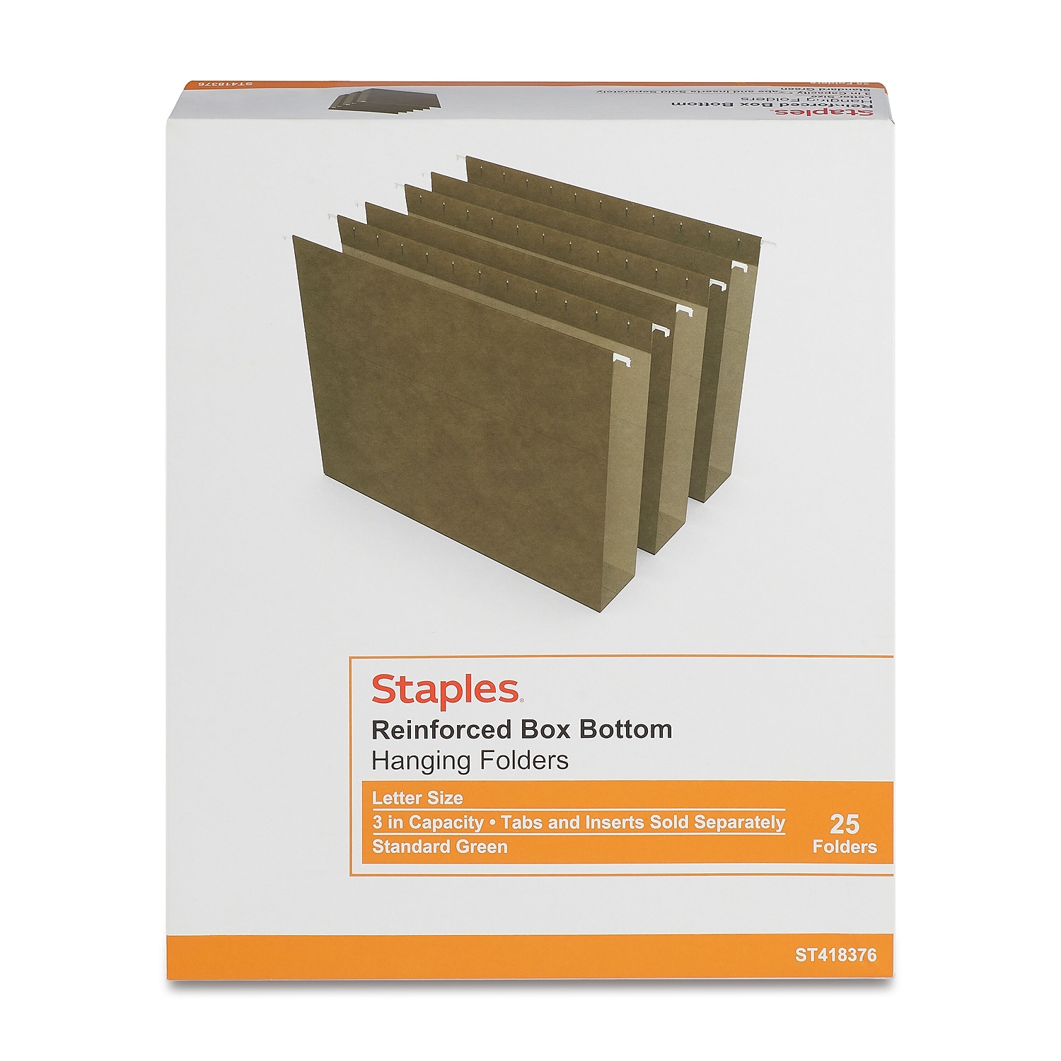 Staples Reinforced Box Bottom Hanging File Folder 3" Expansion Letter Size Standard Green 50/Carton