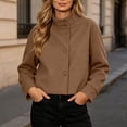 thumbnail image 2 of TtopsQueen Women’s Cropped Wool Blend Coat, Stand Collar Asymmetric Button Closure, Long Sleeve Short Jacket with Side Pockets, Loose Fit Fashion Outerwear for Fall Winter Coffee,S, 2 of 6