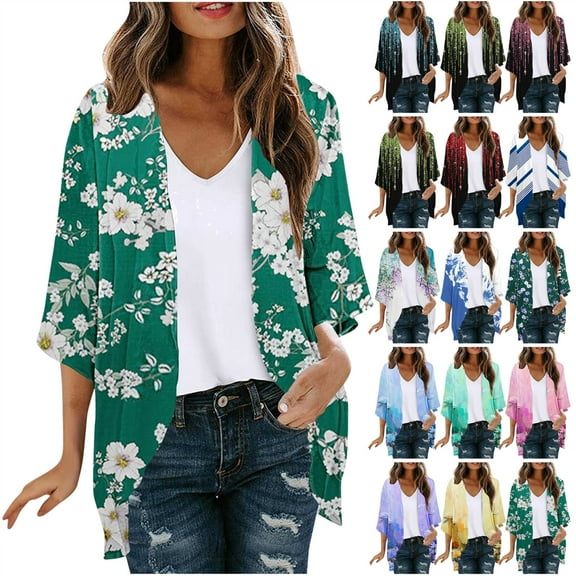 lcziwo Womens Summer Kimono 2025 Floral Print Puff Sleeve Cardigans Loose Cover Up Chiffon Cardigan Casual Blouse Tops Green L Prime Sales Clearance