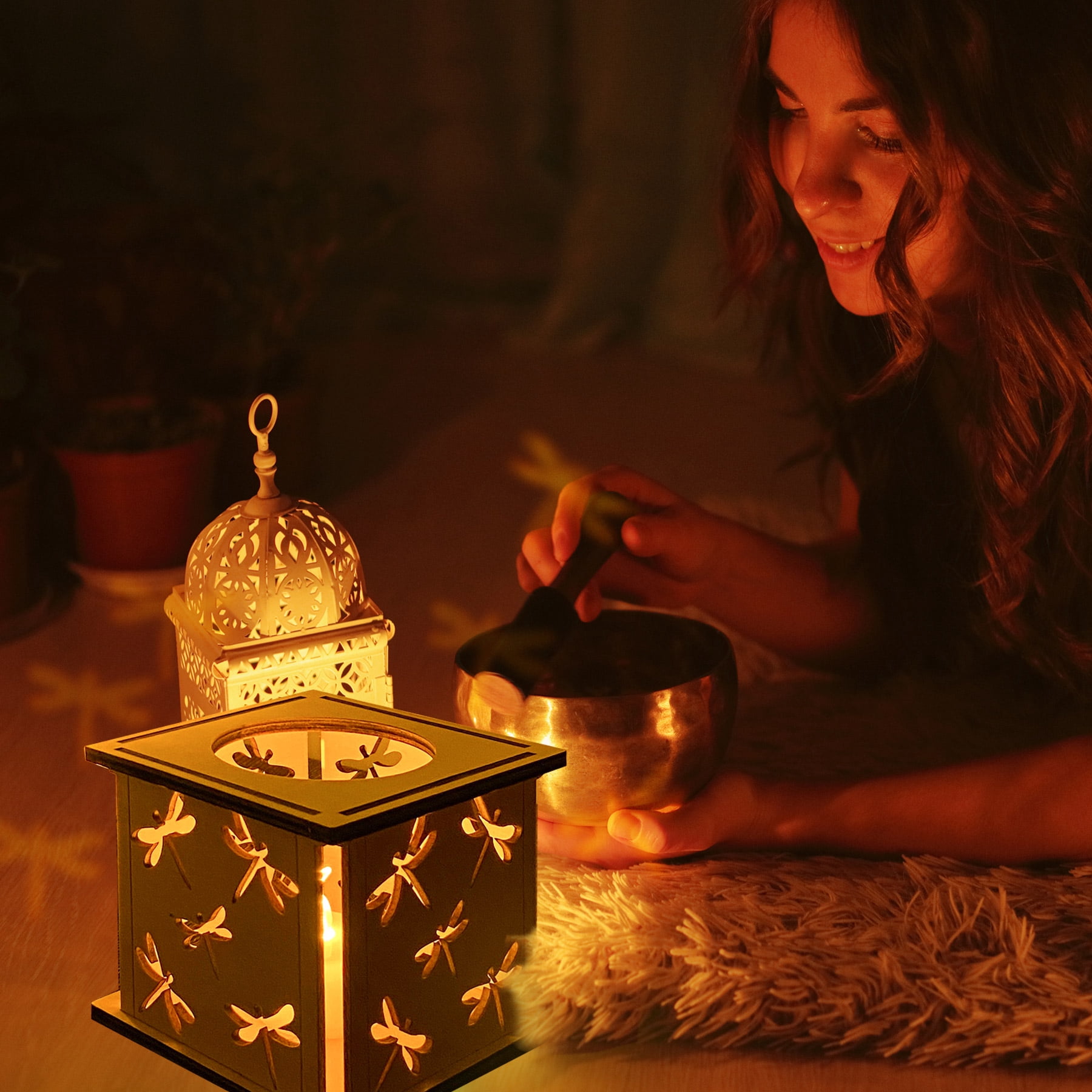 Jamjam Dragonfly Projector Wood Candle Lantern Decorative-2PCS