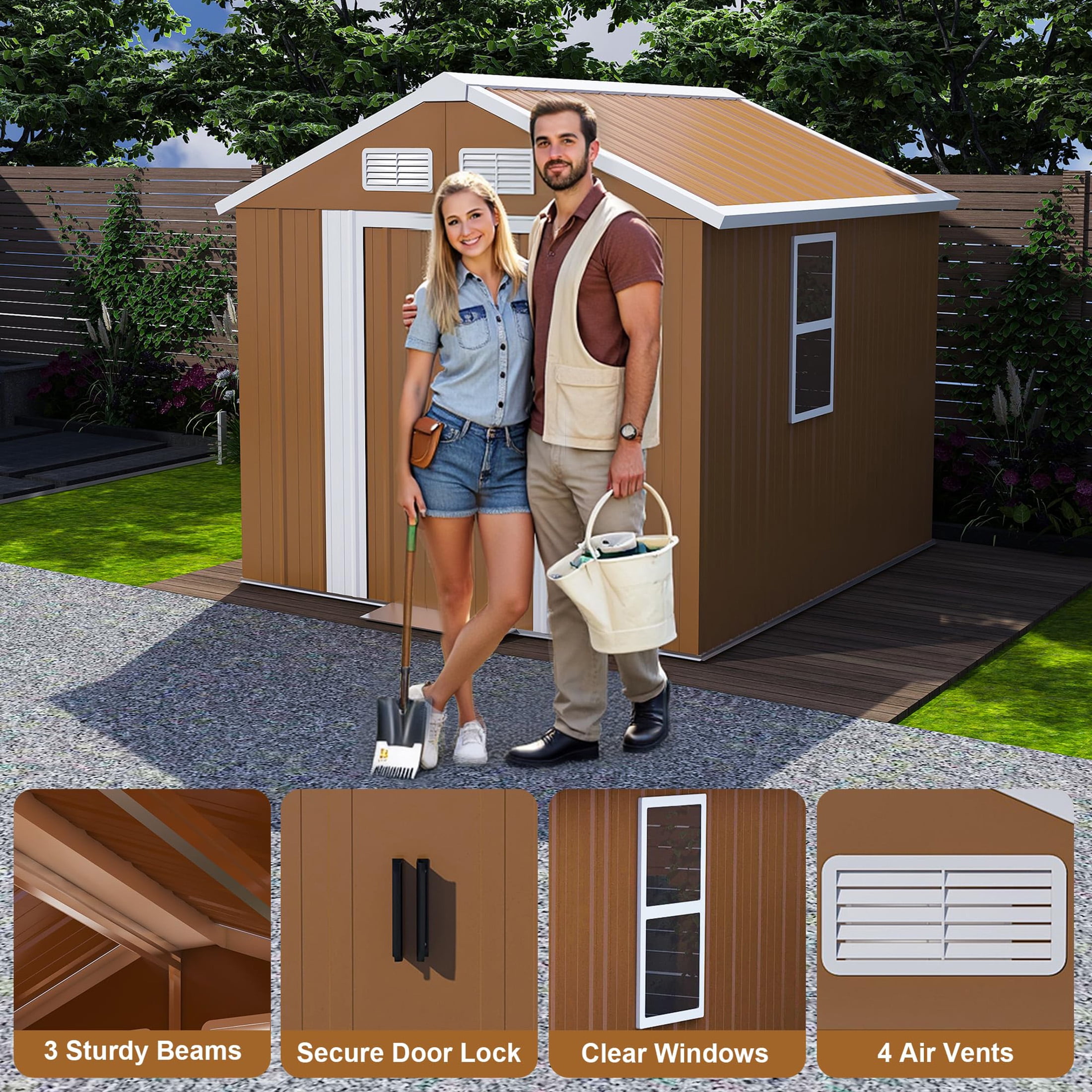 6*4 FT Outdoor Storage Shed with Windows, Metal Garden Tool Shed with Lockable Door & Ventilation, outside storage for Backyard, Lawn, Patio,Yard, bike,Brown