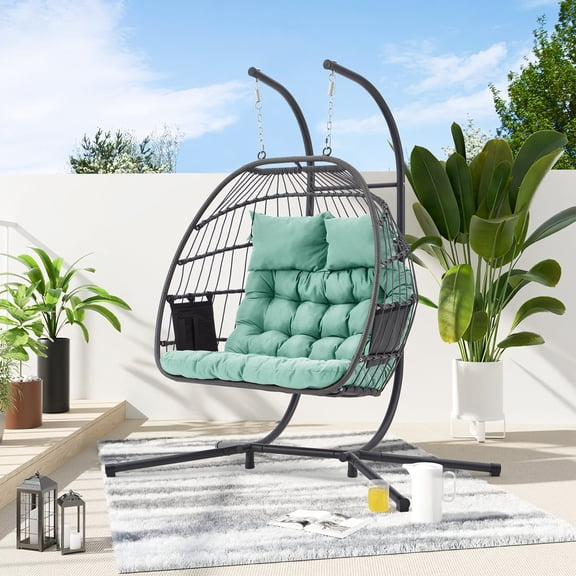 BUPPLEE 2 Person Hanging Egg Chair with Stand, Outdoor Wicker Swing Chair with Cushion, Heavy Duty Loveseat Chair for Patio Balcony Bedroom
