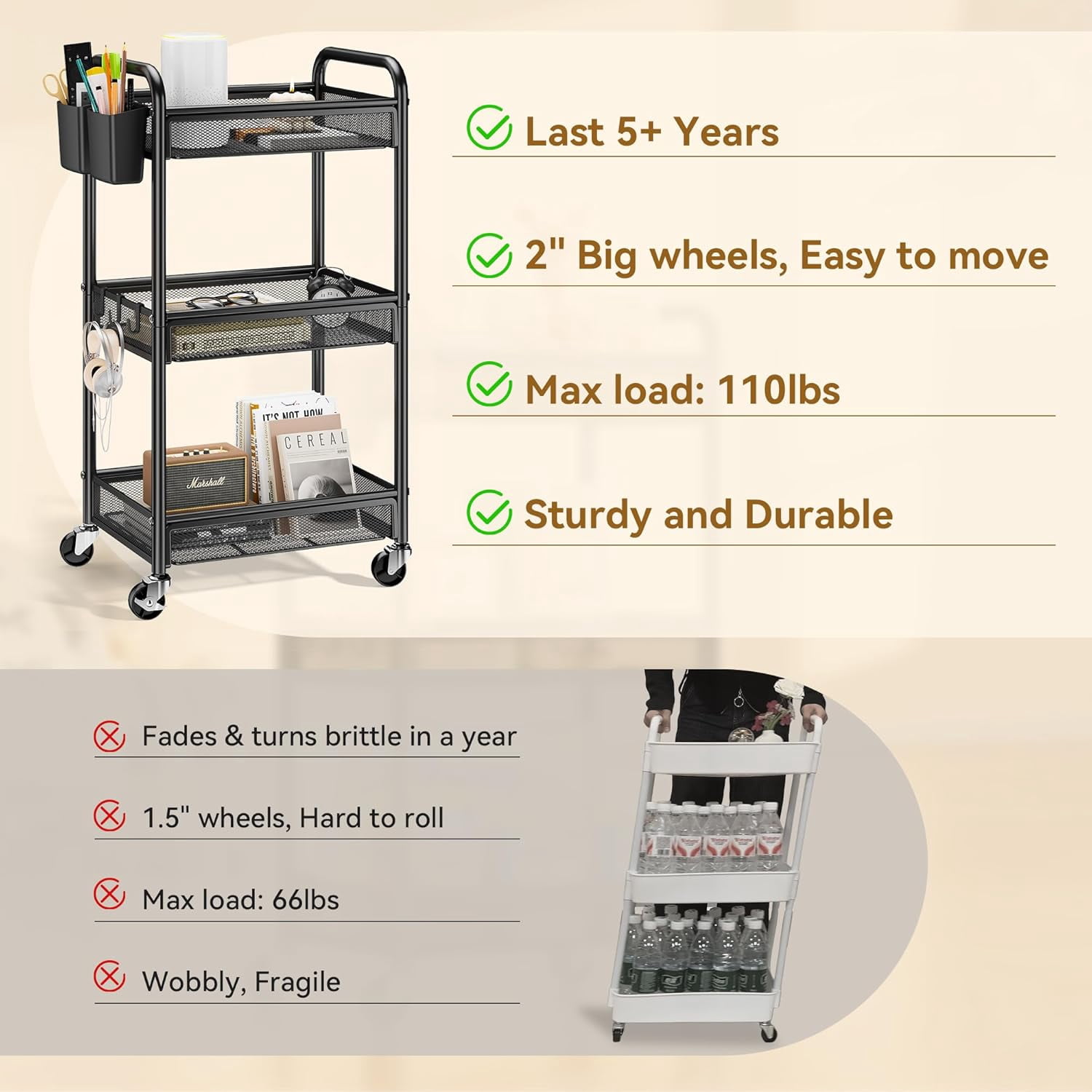 3 Tier Rolling Cart – Metal Utility Storage Carts with Wheels, Craft Cart Organizer with Hanging Cups, Hooks, Mesh Basket for Bedside Kitchen Office Art, Black