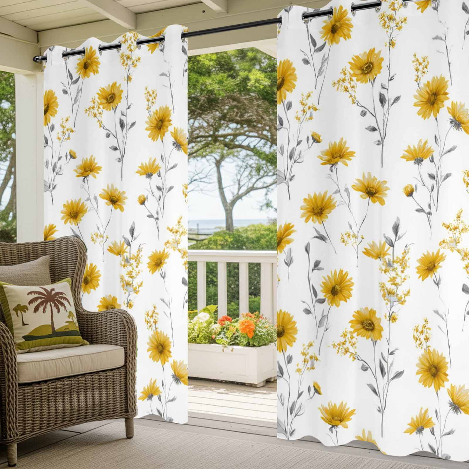 Sunflowers Outdoor Curtains 1 Panel Summer Country Yellow Floral Leaf Plant Waterproof Weatherproof Privacy Curtain Thermal Outside Drape for Porch Pergola Patio 54 x 108 Inch