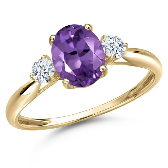Gem Stone King 10K Yellow Gold Purple Amethyst and White Zirconia 3-Stone Ring for Women | 1.37 Cttw | Oval 8X6MM | Gemstone February Birthstone | Size 8