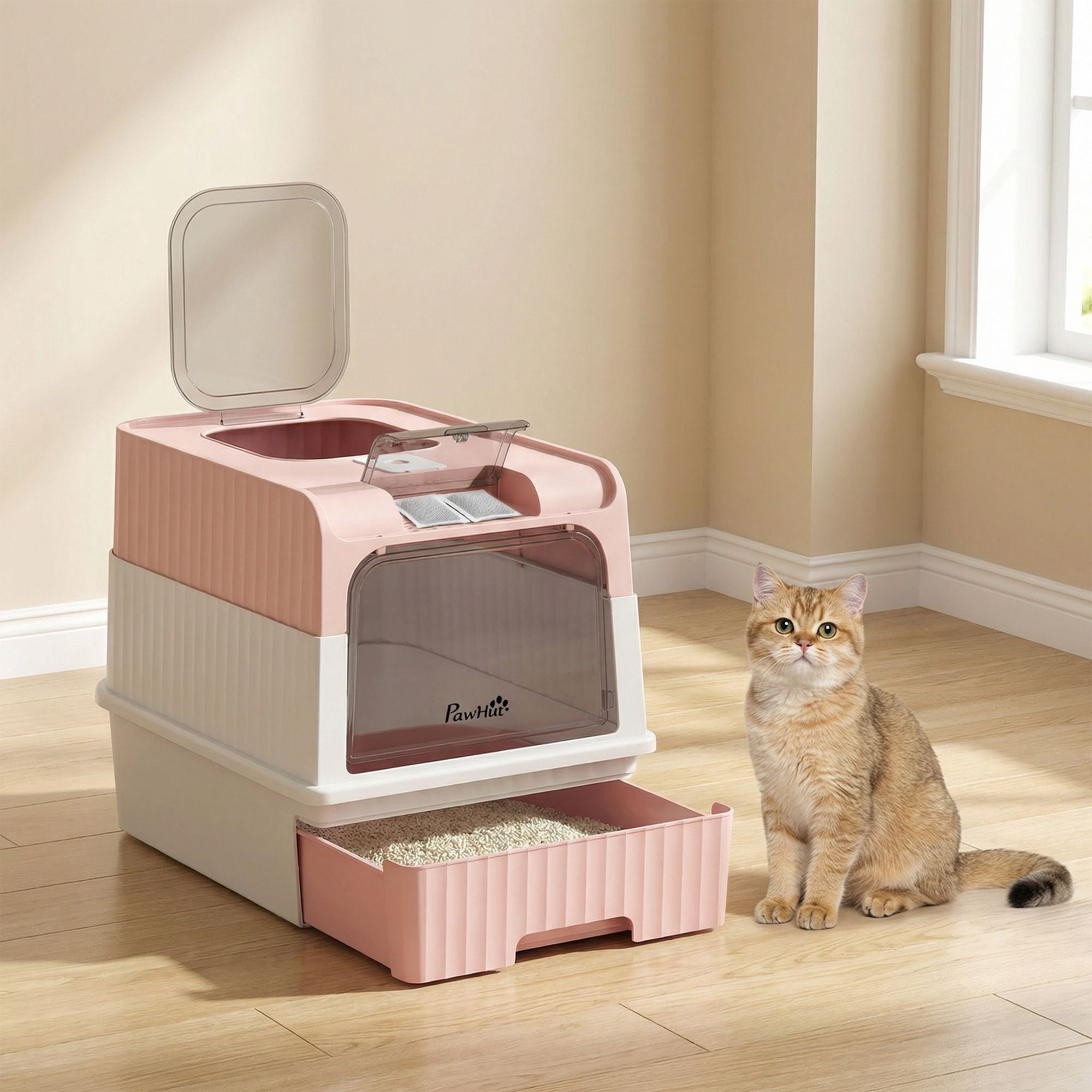 Cat Litter Box Hooded Cat Litter Tray with Drawer Pan Front Entry & Top Exit Easy Cleaning, Pink