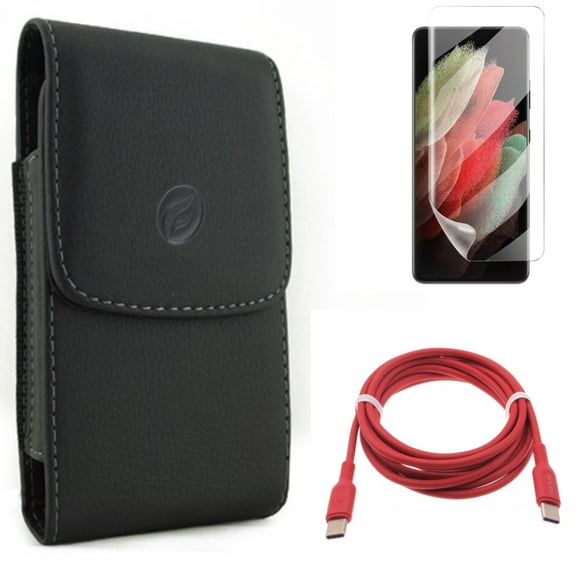 Red 6ft Long Cable & Matte Screen Protector & Case Belt Clip for Samsung Galaxy S21 Ultra Phone - USB-C to Type-C PD Fast Charger & TPU Film Anti-Glare & Leather Holster Accessory Bundle