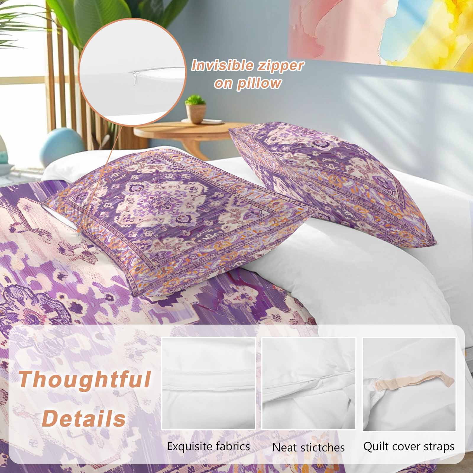 Purple Orange Boho Bedding 3 Piece Duvet Cover Set California King, Ethnic Geometric Middle Century Art Soft Microfiber Comforter Cover with Zipper Closure & Pillowcases, FadeResistant Quilt Cover