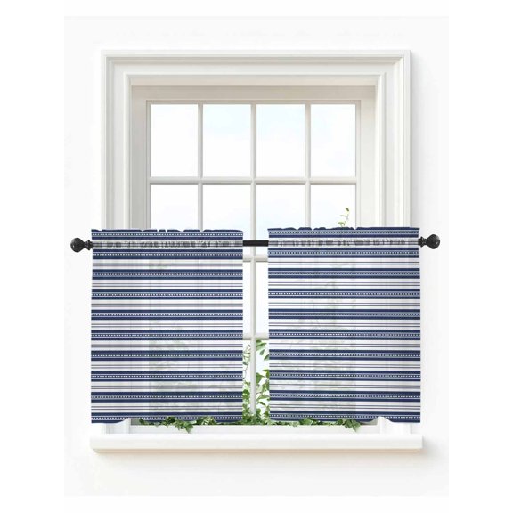 Navy Blue Striped Tier Curtains 24 Inch Length,Sheer Curtains for Bedroom Living Room,Farmhouse Striped Geometric Art Rod Pocket Voile Drapes Kitchen Curtains Small Half Window 27.5"x24" 2 Panels