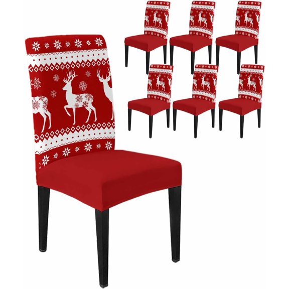 Chair Covers for Dining Room Set of 6,Xmas Reindeer Winter Snow Stretch Seat Protector Removable Washable Chairs Slipcovers for Kitchen Banquet Wedding Hotel,Snowflake Retro Geometric on Red