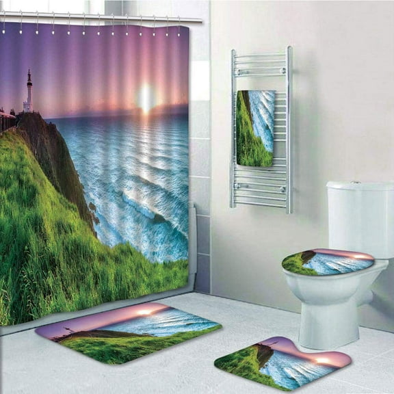 PRTAU Byron Bay house During Sunrise Nature Hill Dawn Sunbeams Scenic Seashore 5 Piece Bathroom Set Shower Curtain Bath Towel Bath Rug Contour Mat and Toilet Lid Cover