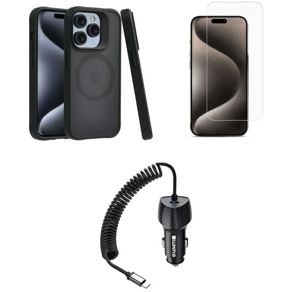 Bemz Phone Case for iPhone 15 Pro Max with Shockproof Protective Wireless Charging Ring Cover, Tempered Glass Screen Protector, 40W USB C Car Charger Adapter - 5 Foot (Smoke Black)