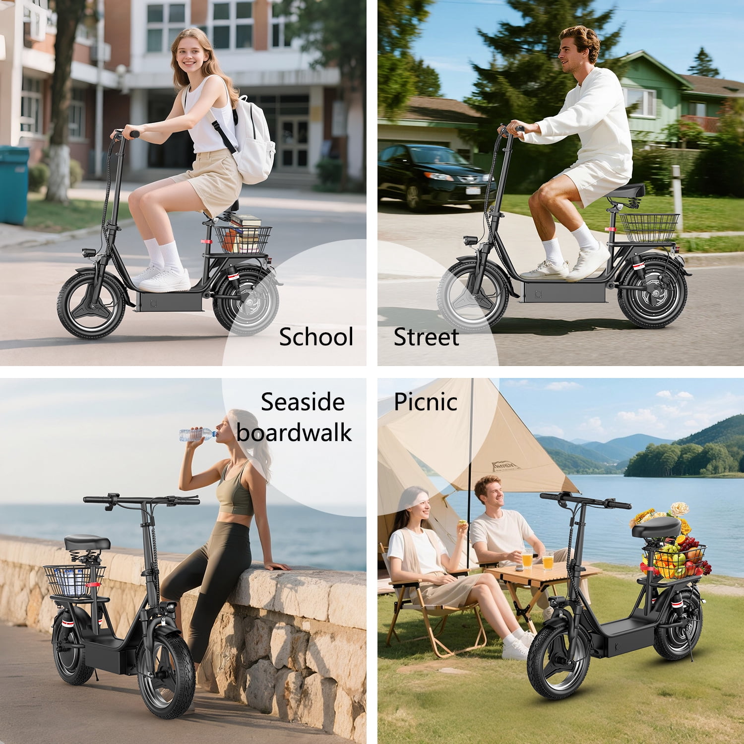 1200W Peak Electric Scooter with Basket or Box(Removable), 48V 15AH Peak Motor, Top Speed25 MPH, 25-30Mile, Adult Wide PedalEscooter with Seating Capacity of 365LBS