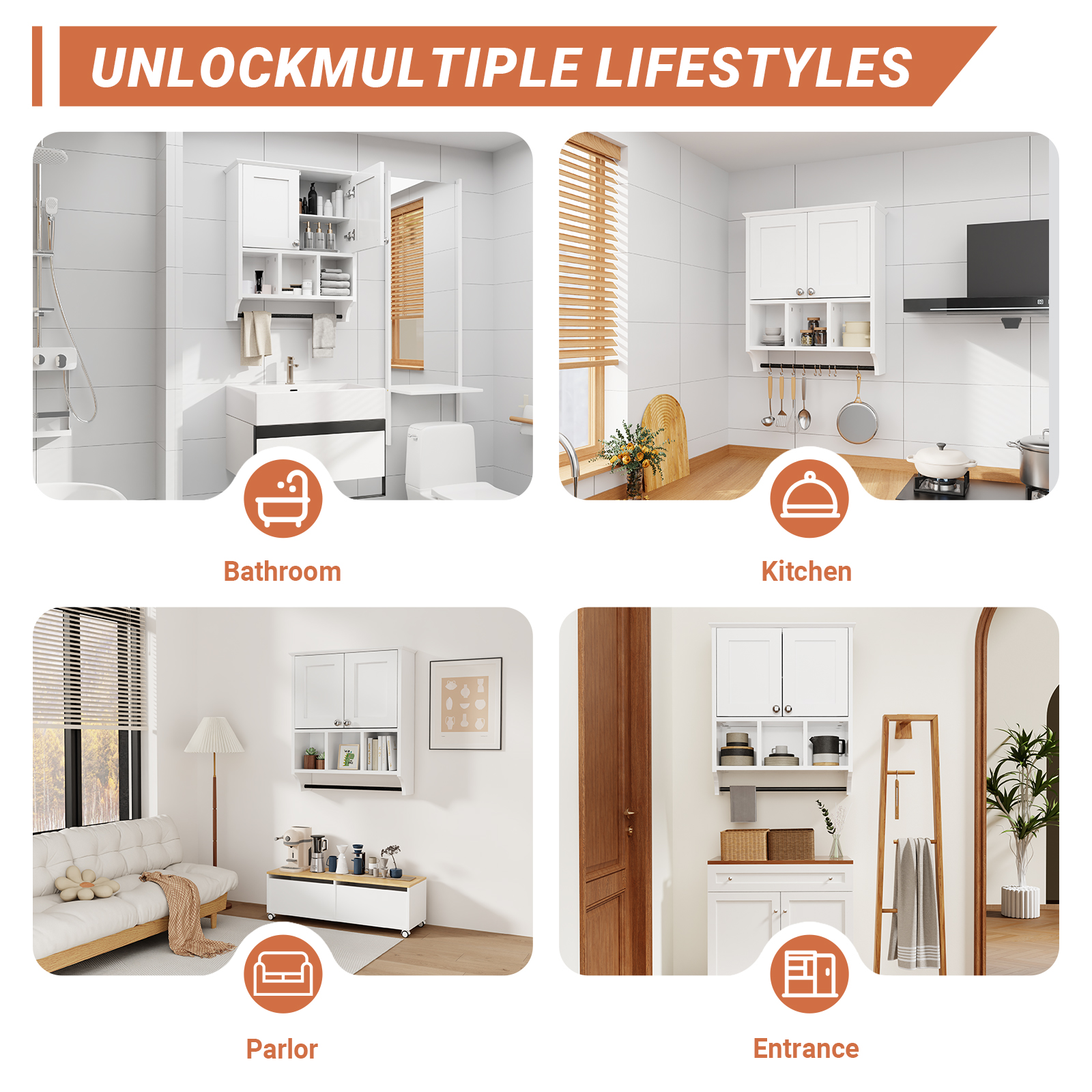 KZElegy Bathroom Wall Cabinet, Bathroom Medicine Cabinet Wall Mounted 2-Door with 3 Open Shelves, Over The Toilet Storage Cabinet with Towels Shelf,White