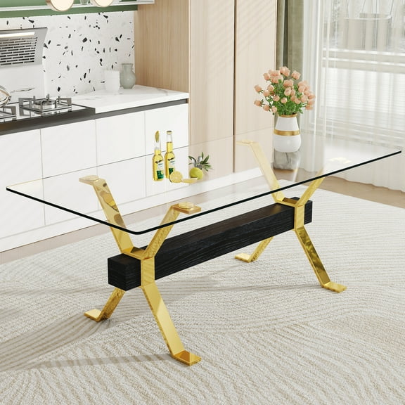 Transparent Glass Work Desk With Crossbar And Metal Legs For Home Office Stylish Surface,