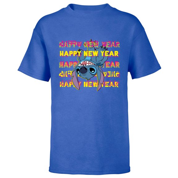Disney Stitch Upside-Down Alien Language Happy New Year - Short Sleeve T-Shirt for Kids - Customized-Royal