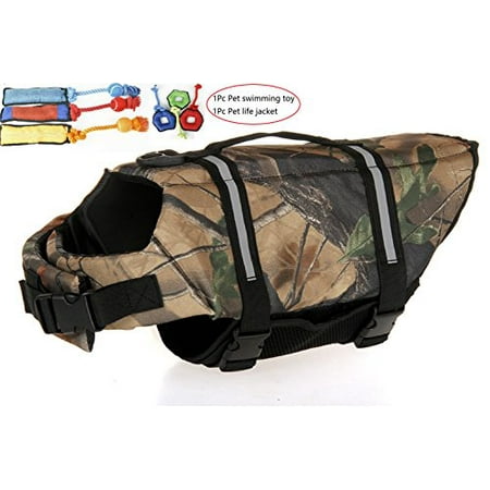 L&LH Camouflage Ripstop Dog Life Jacket Doggy Swimming Preserver Life Vest Coat With Adjustable Belt with a Pet swimming toy.