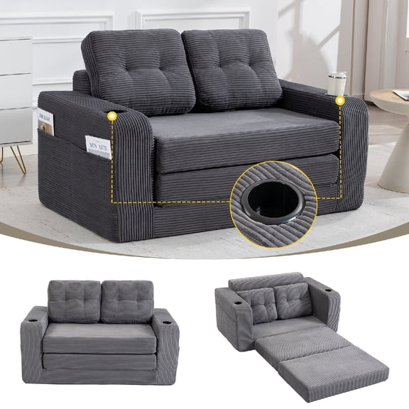 Convertible Expandable double Sofa Couch Bed with Built-in Cup Holder and Side Pockets 2 in 1 Convertible Sofa Couch Bed with Pillows for Living Room, Apartmen, No Assembly Required, Gray