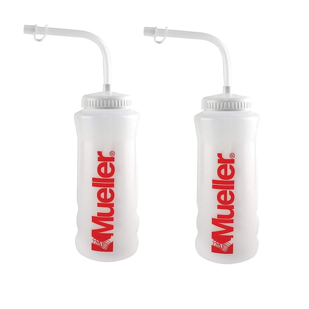 Botella Mueller de 1 cuarto con popote, libre de BPA, color natural con letras rojas