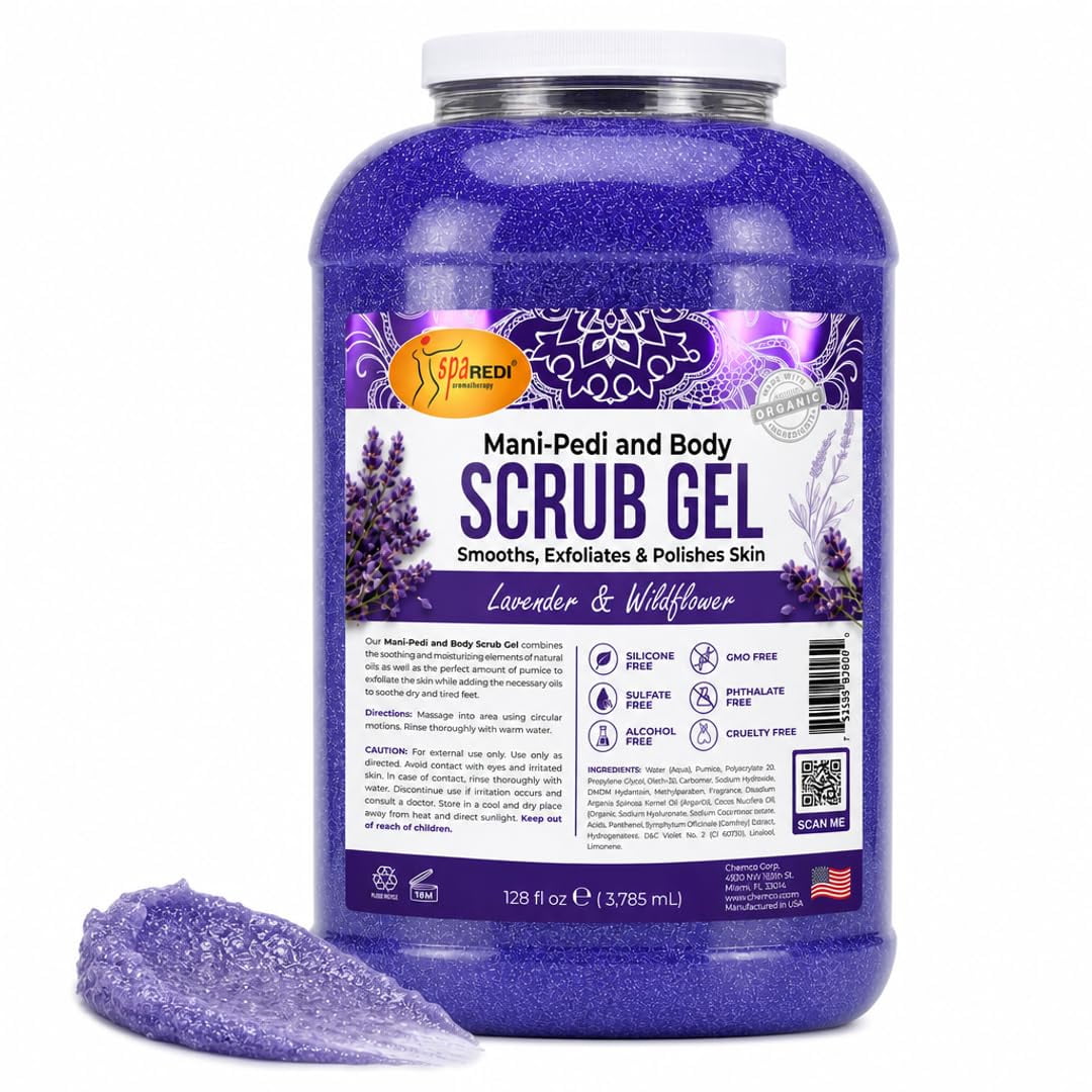 SPA REDI - Exfoliating Scrub Pumice Gel, Lavender and Wildflower, 128 Oz - Manicure, Pedicure and Body Exfoliator Infused with Hyaluronic Acid, Amino Acids, Panthenol and Comfrey Extract