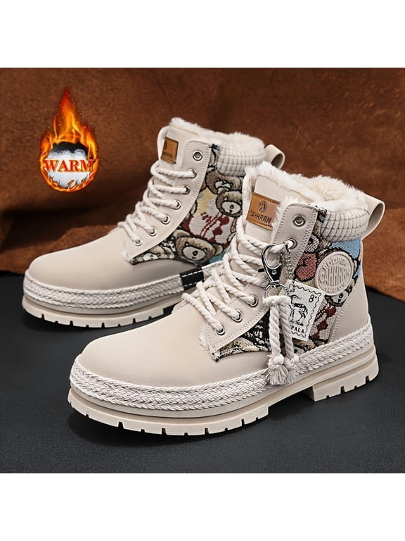 Autumn and Winter New Men's High-top Grass Weave Bear Pattern Boots Warm Work Boots Outdoor Motorcycle Boots