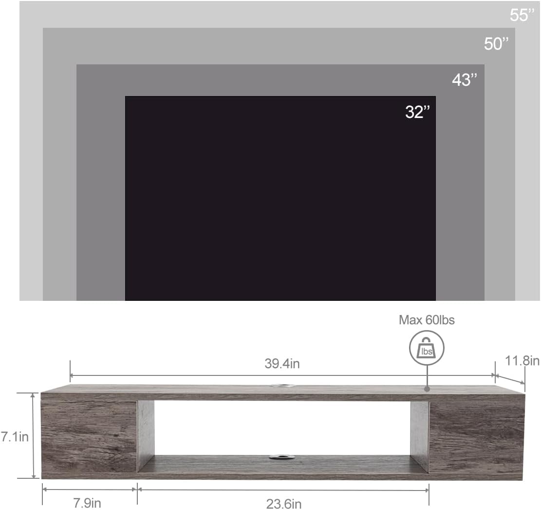 Floating TV Stand, Wall Mounted Entertainment Center and Cabinet Shelf, TV Console with Storage, Media Console for DVD Player, Space-Saving Under TV Shelf for Bedroom (Rustic Brown)