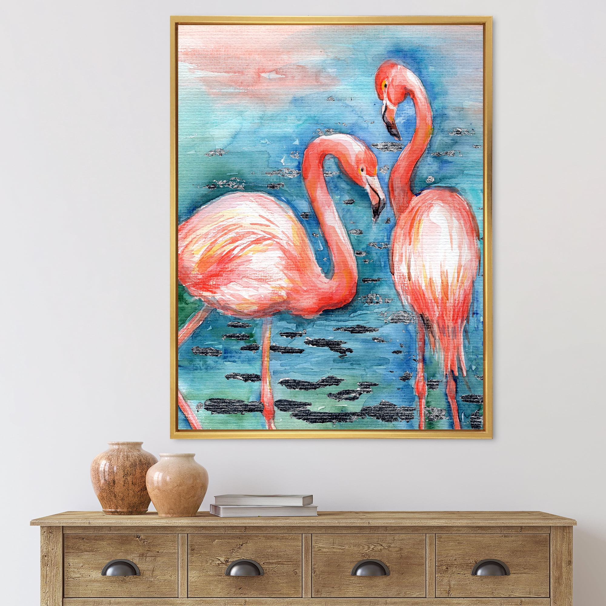 Designart 'Pink Flamingos Love Birds In Blue Water I' Farmhouse Framed Canvas Wall Art Print