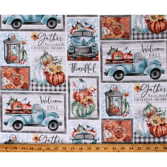 Cotton Happy Harvest Grateful Patch Thanksgiving Words Phrases Fall Autumn Pumpkins Trucks Courtney Morgenstern Cotton Fabric Print by the Yard (19566-MLT-CTN-D)