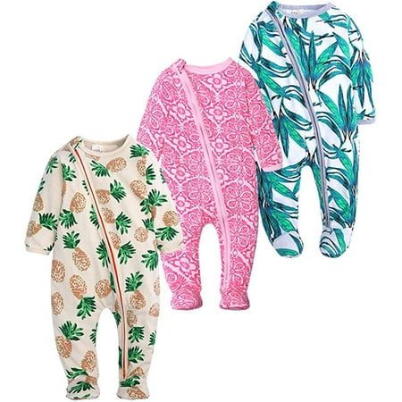 

QWZNDZGR Baby Girls Long Sleeve Footies Zipper Romper Flower Pajama Infant Bosyduit Jumpsuit
