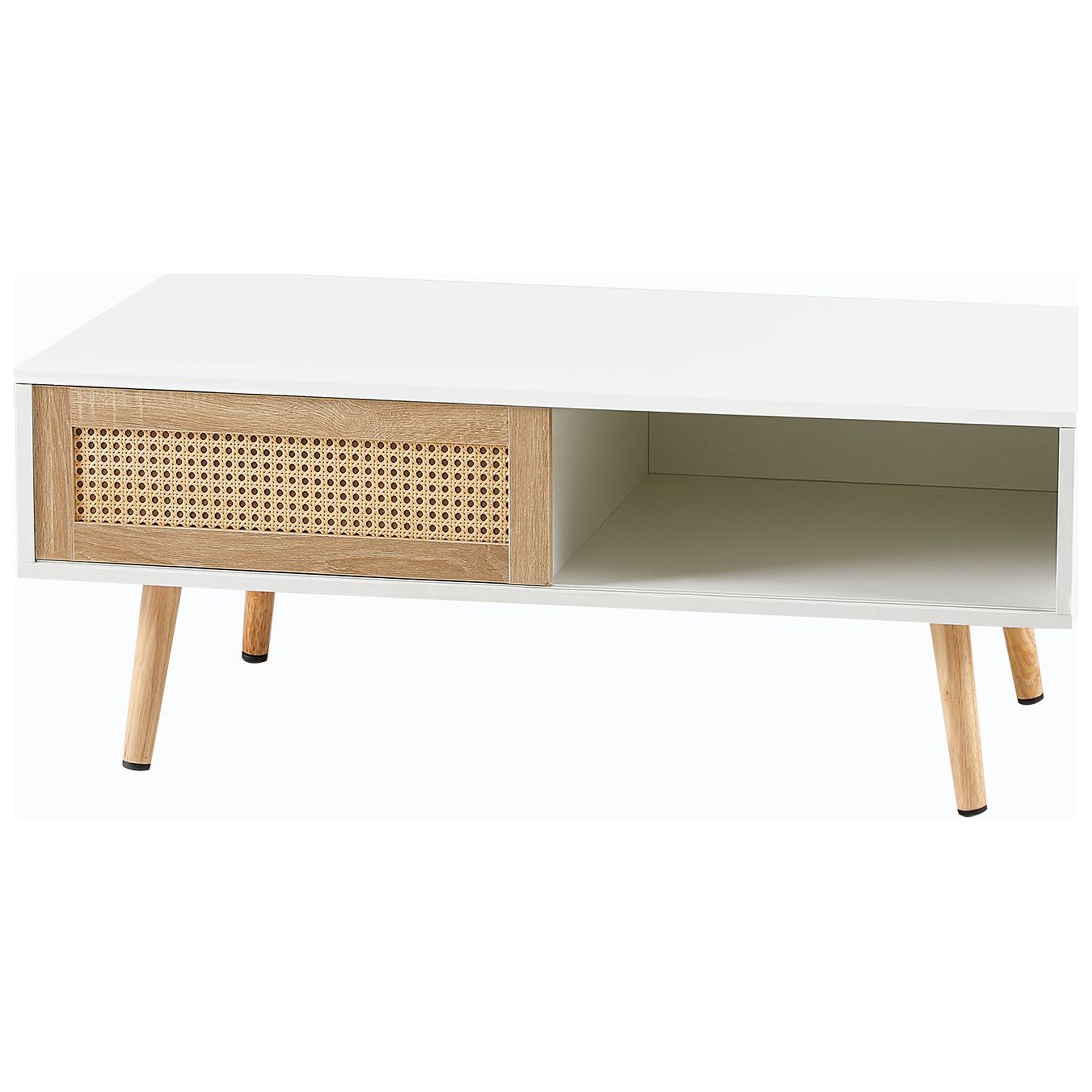 DEALTOPS Modern Coffee Table with 1 Sliding Rattan Door and Open Compartment, Stylish Coffee Table with Solid Wood Legs for Living Room - White